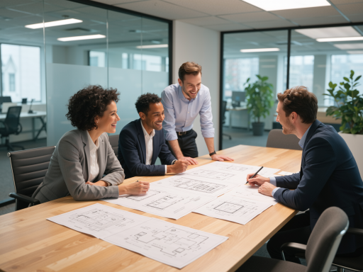 Professional construction team meeting in office setting, discussing building plans, modern workplace environment